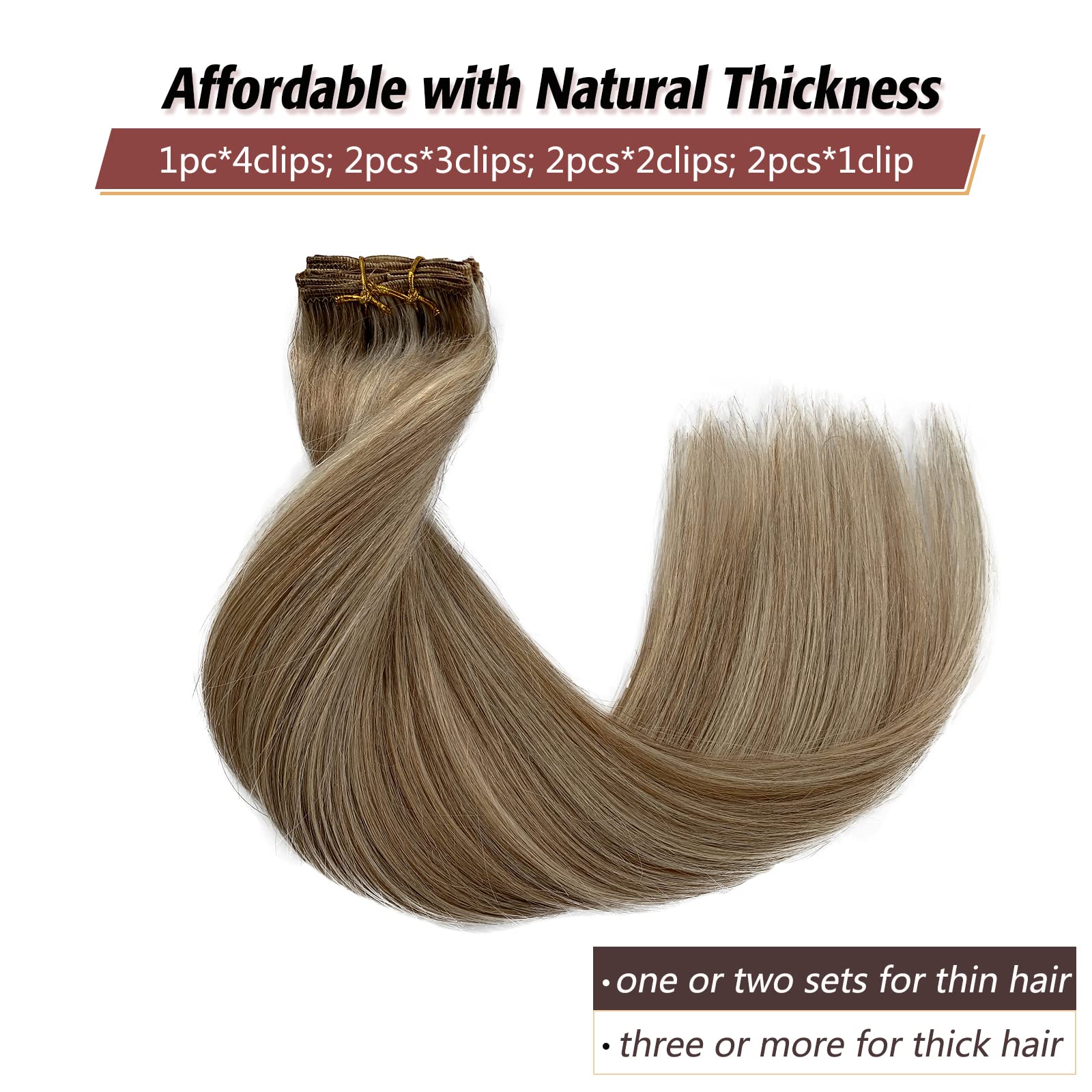 15 Inch Clip in Hair Extensions - Natural Straight Human Hair Blend (Platinum Blonde & Ash Brown Highlights) - 7pcs 70g Set for Women | Perfect for Volume Boost, Styling & Special Occasions