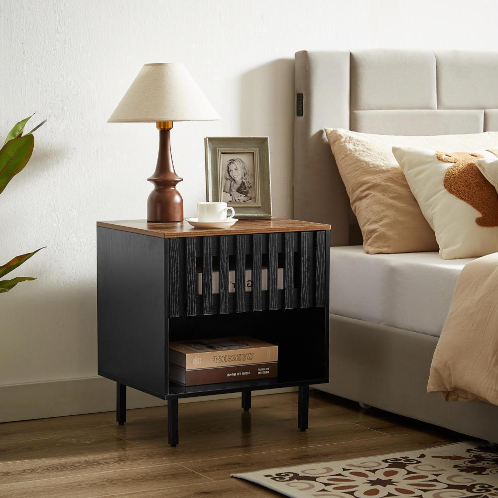 2 Set Mid Century Modern Nightstands with Grille Striped Doors - Bedside Tables with Slatted Drawers & Metal Legs - Stylish End Tables for Bedroom Decor | Perfect for Small Spaces, Guest Rooms & Apartment Living