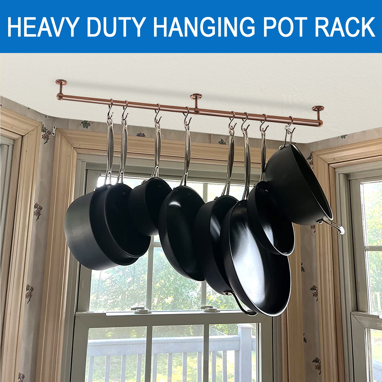 ROTHLEY 39.4 Inch Stainless Steel Wall Mounted Hanging Pot and Pan Rack with Adjustable S Hooks - Antique Copper Finish for Kitchen Organization & Space Saving Storage - Perfect for Small Kitchens, Restaurants, and Home Chefs