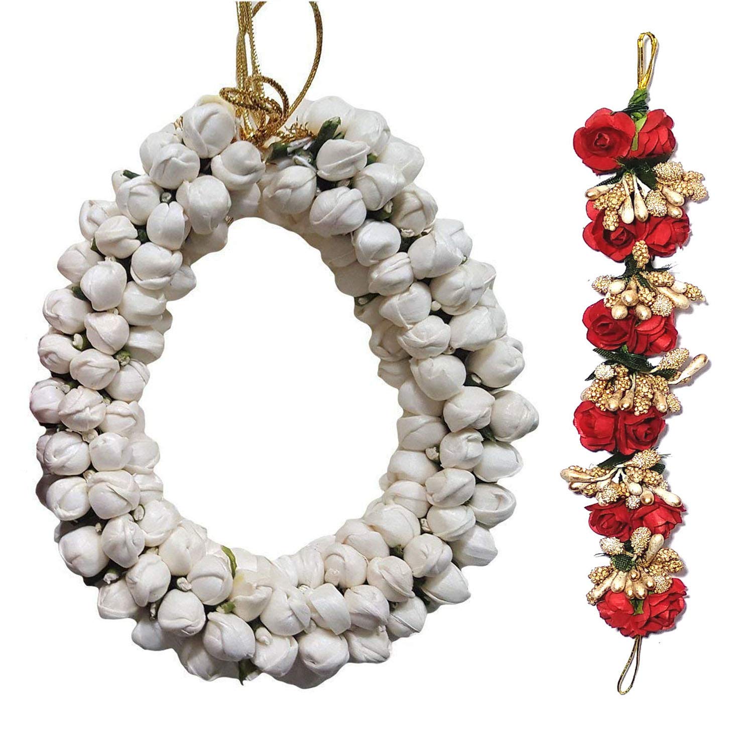 GuruEmbellish Bun Juda Flower Mogra Gajra Hair Accessories for Women & Girls - Traditional Indian Bridal Hair Jewelry (Red & White, Pack of 2) - Perfect for Weddings, Festivals & Special Occasions