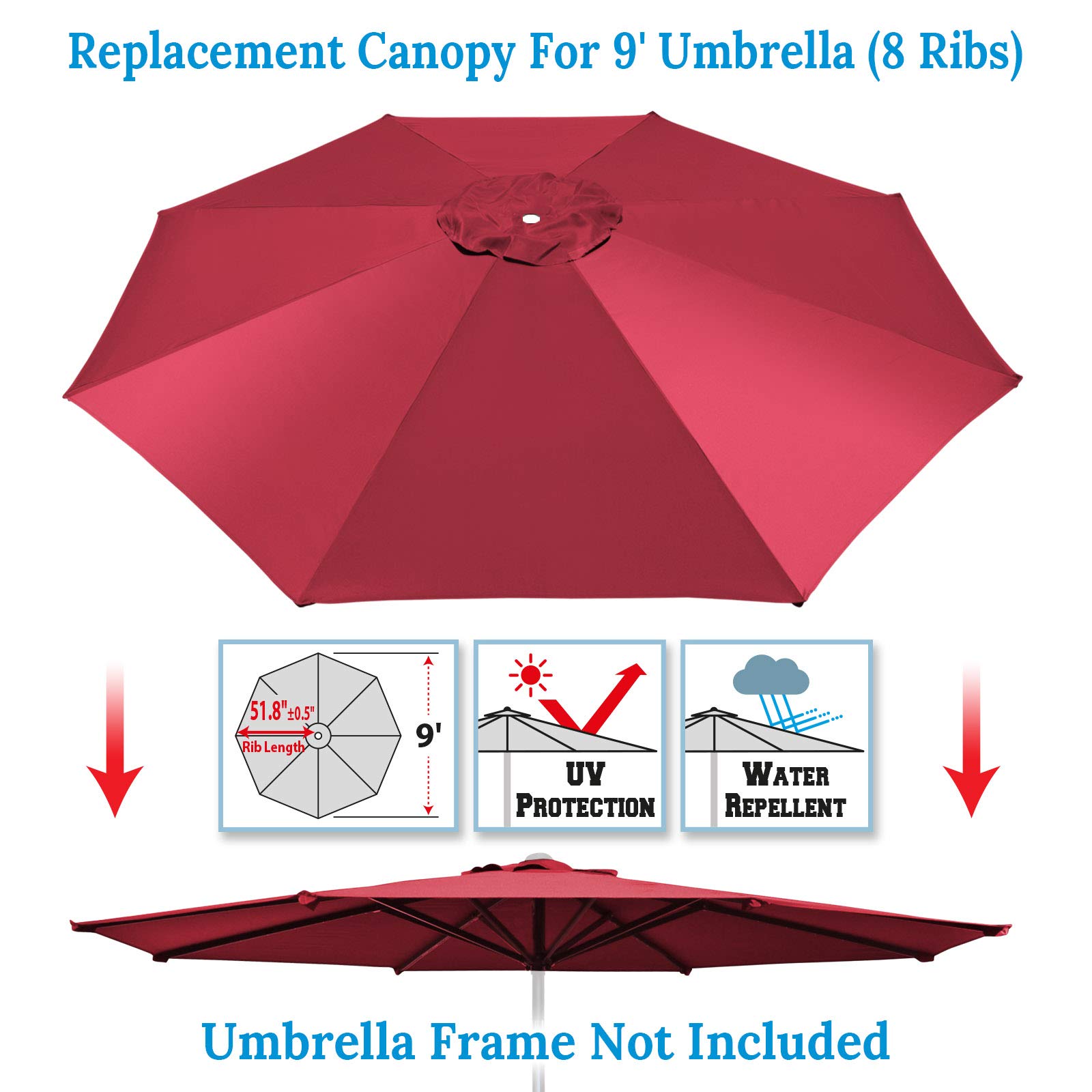 BenefitUSA 9ft 8-Rib Patio Umbrella Replacement Canopy Cover - Burgundy Red for Outdoor Dining, Poolside Lounging & Garden Shade
