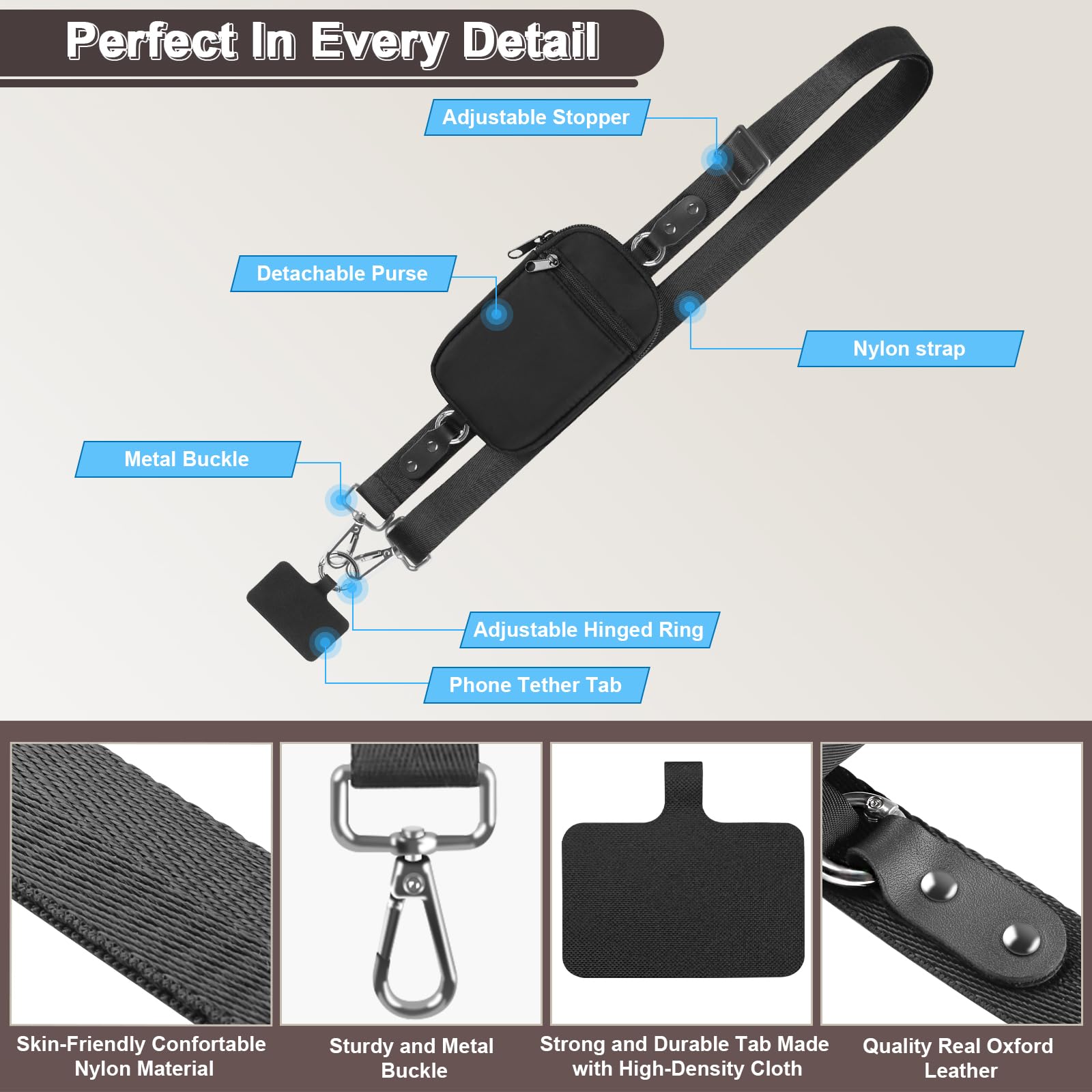 Adjustable Phone Lanyard Crossbody Strap with Wallet Holder - Universal Clip-On Wrist Strap for All Smartphones (Black) - Perfect for Travel, Shopping, Concerts & Outdoor Activities