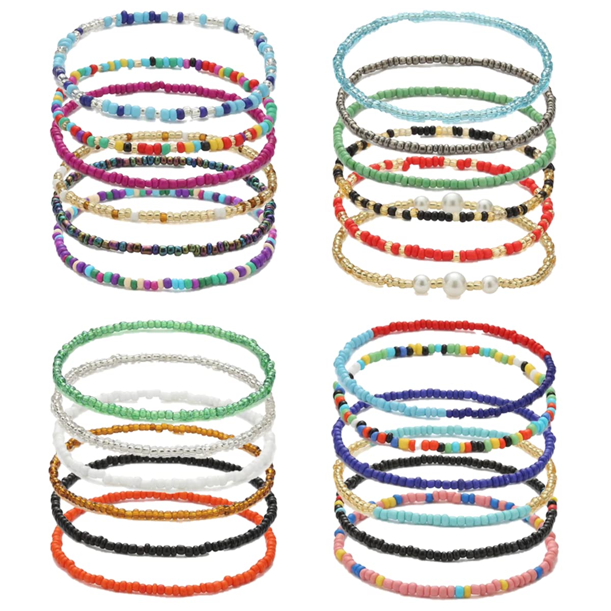 24PCS Boho Beaded Anklets for Women - Handmade Stretch Elastic Beaded Ankle Bracelets, Colorful Summer Foot Jewelry Pack - Perfect for Beach, Festival, Vacation & Boho Fashion Accessories