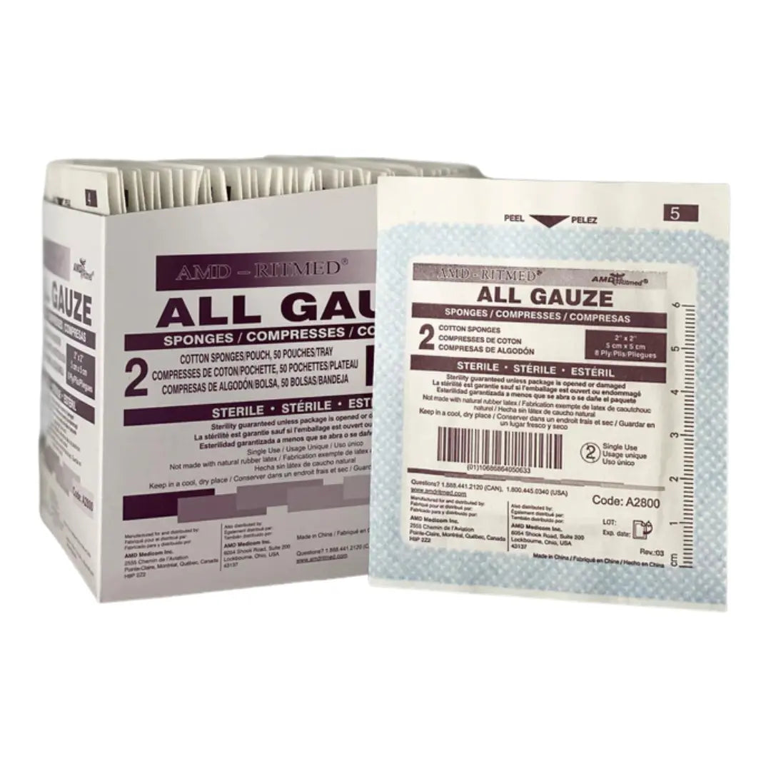 A2800 Sterile Gauze Sponges 2x2 Inches (50-Pack) - Premium Wound Dressing for First Aid, Medical & Emergency Care - Ideal for Cuts, Burns & Minor Injuries