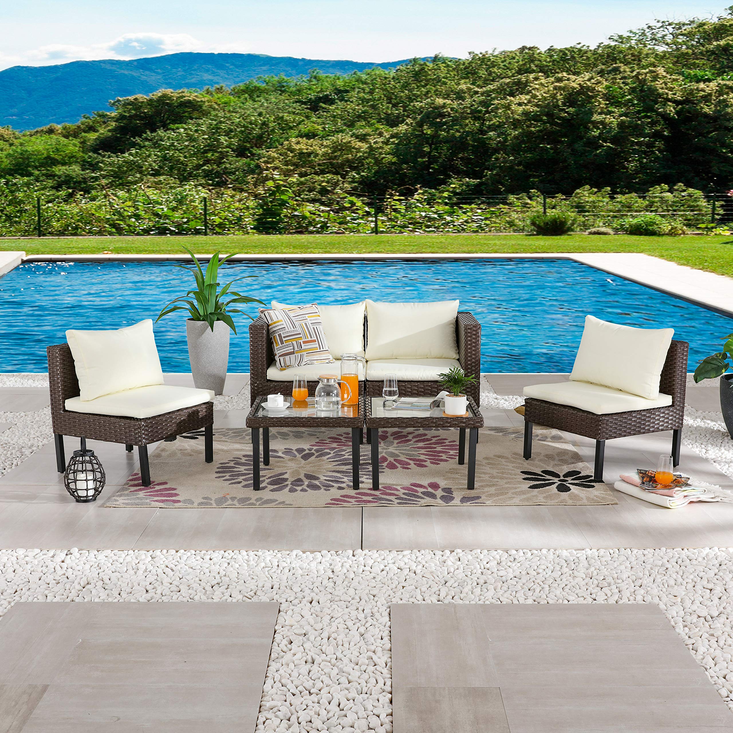 LOKATSE HOME 6-Piece All-Weather Outdoor Patio Furniture Set - Brown Wicker Rattan Sofa Chairs with Beige Cushions & Glass Coffee Table - Perfect for Garden, Poolside, and Backyard Relaxation