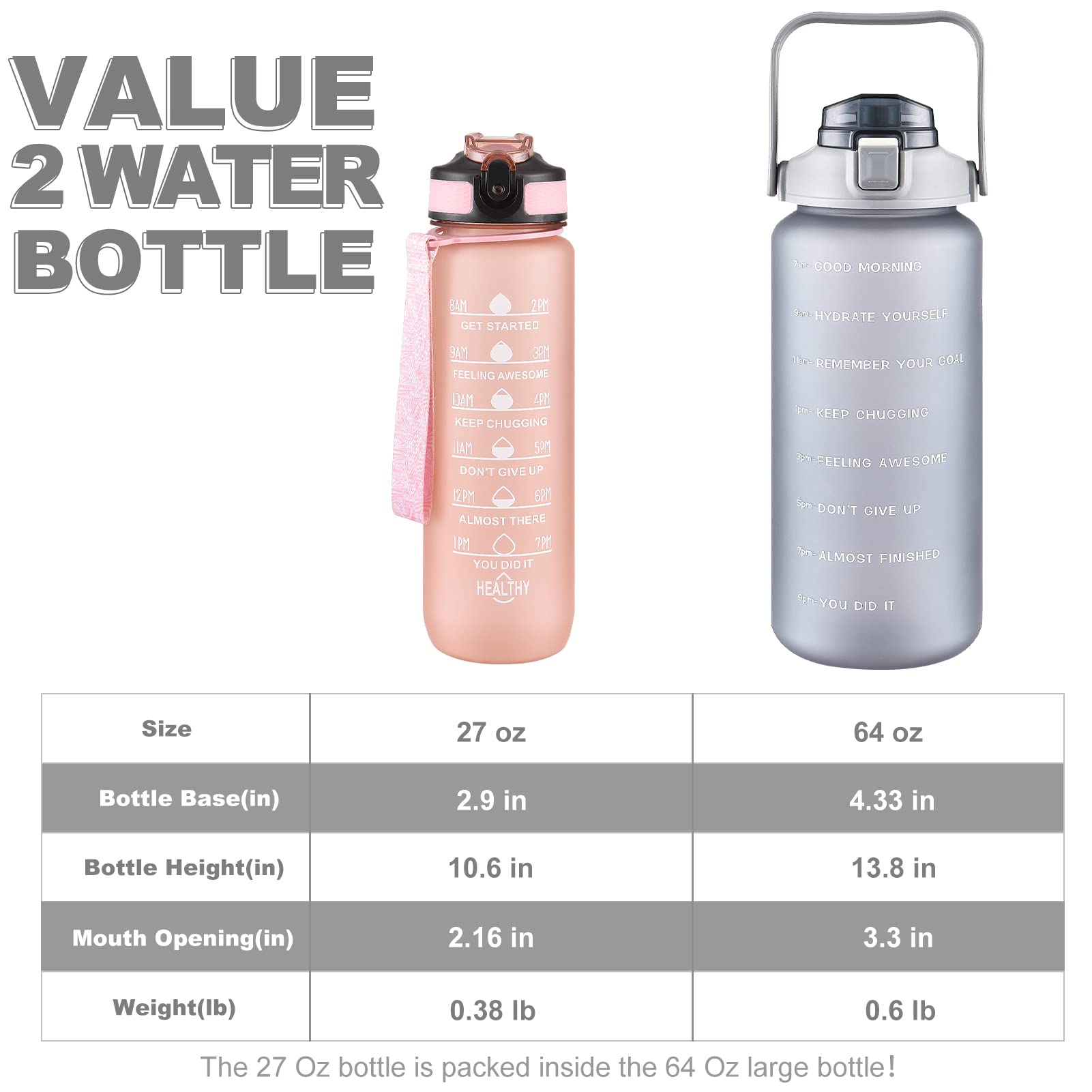 2 Pack 64oz & 27oz Sports Water Bottles with Straw - BPA Free Gym & Workout Bottles for Women
