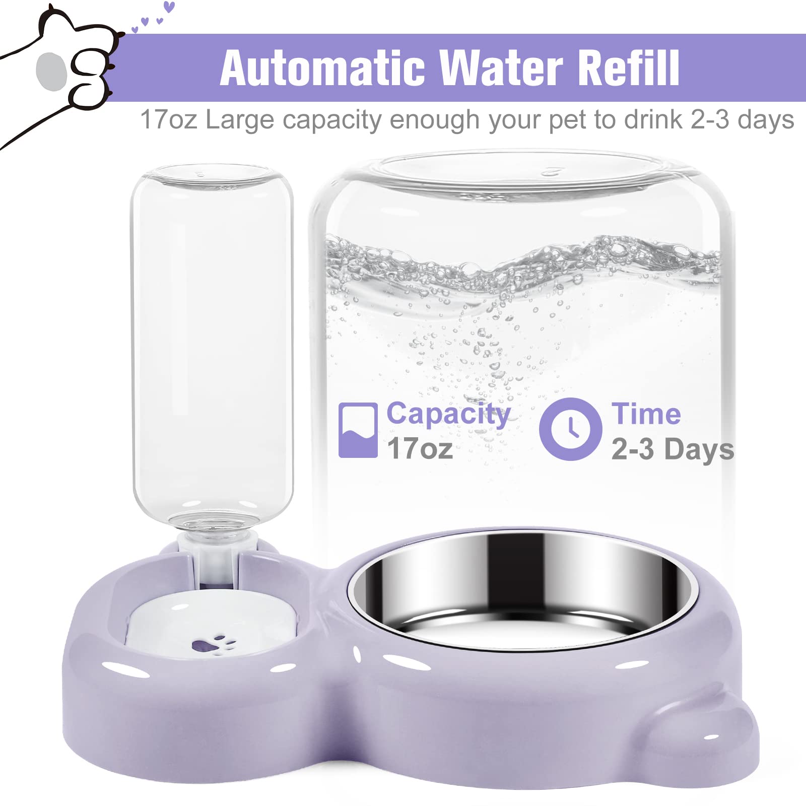 Premium Stainless Steel Cat & Small Dog Bowls Set with Water Dispenser - Non-Slip Pet Food & Water Dishes for Home, Travel & Outdoor Use - Purple