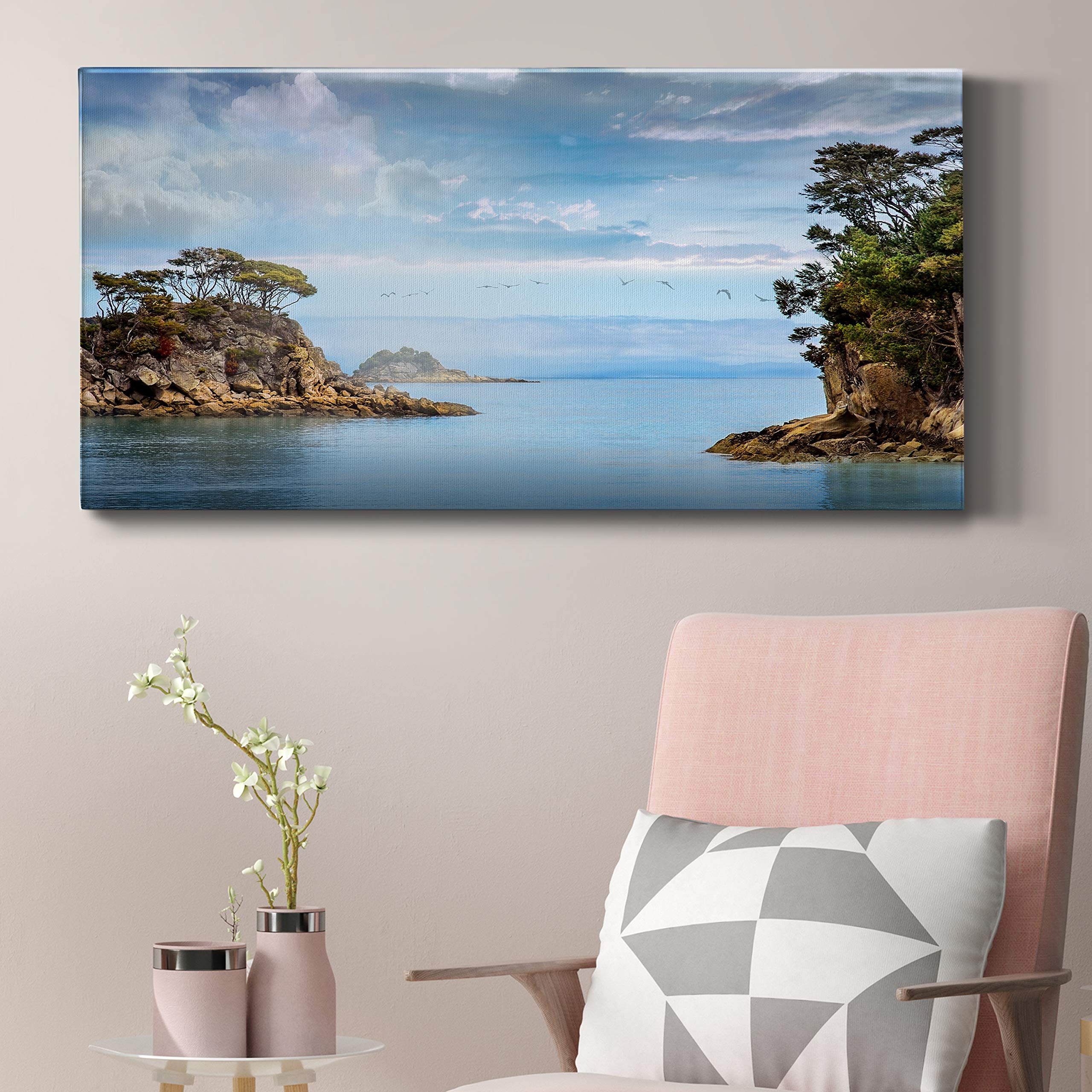 Modern Blue Ocean Coastal Canvas Wall Art - 24x48 Inch Ready to Hang Landscape Print for Living Room, Bedroom, Bathroom & Office Decor - Perfect for Beach House, Coastal Theme or Zen Interior Design