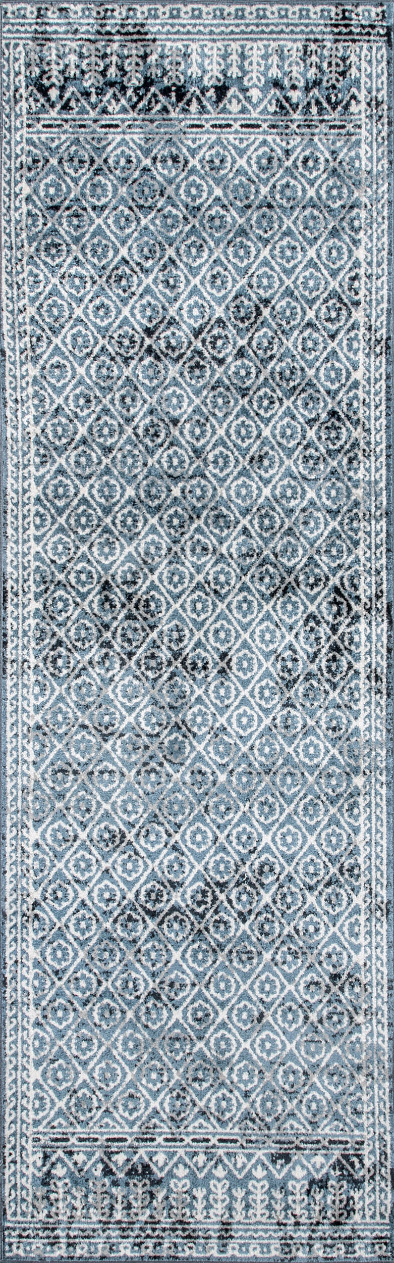 Aida Washable Stencil Rug in Aqua Blue - Non-Slip Floor Mat for Living Room, Bedroom, or Entryway Decor