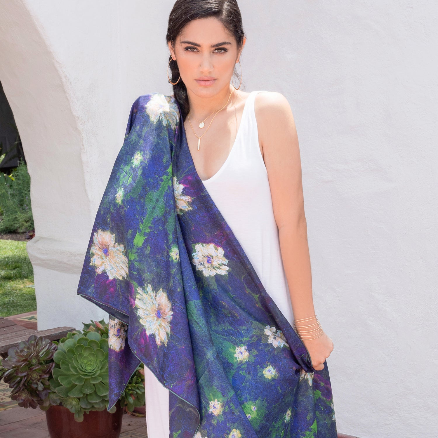 Elegant Lily Abstract Print Long Silk Scarf - Lightweight Luxury Fashion Accessory for Women, Perfect for Office, Evening Events & Travel