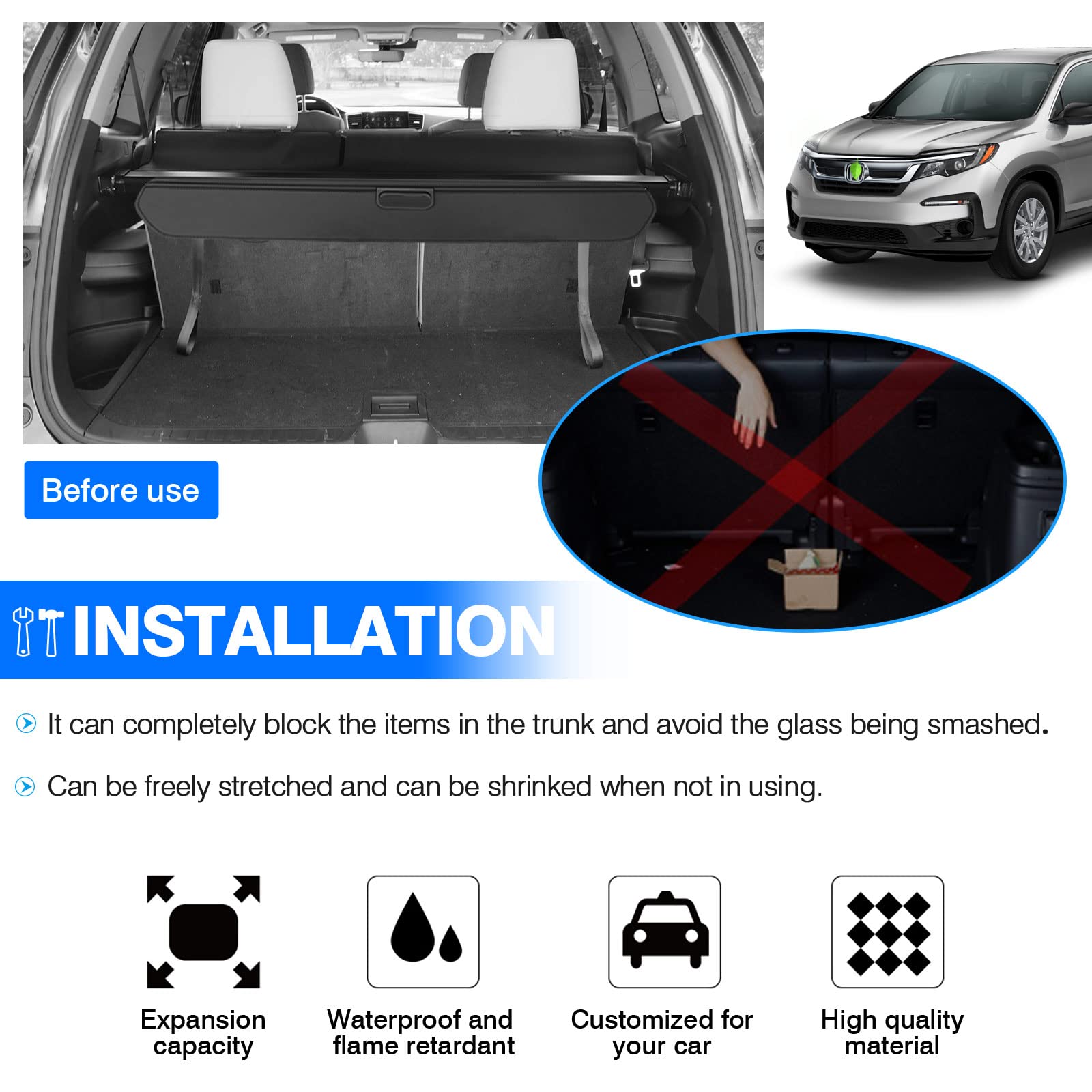 2016-2021 Honda Pilot Cargo Cover - Retractable Trunk Shade for 3rd Row SUV Accessories | No Gap Luggage Protector | Perfect for Road Trips, Grocery Storage & Pet Travel