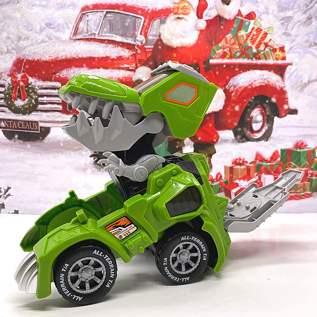 2 in 1 LED Dinosaur Transformer Car Toy - Automatic Transforming Dino Vehicle with Music & Lights | STEM Educational Gift for Kids Birthday | SUV Green for Indoor & Outdoor Play