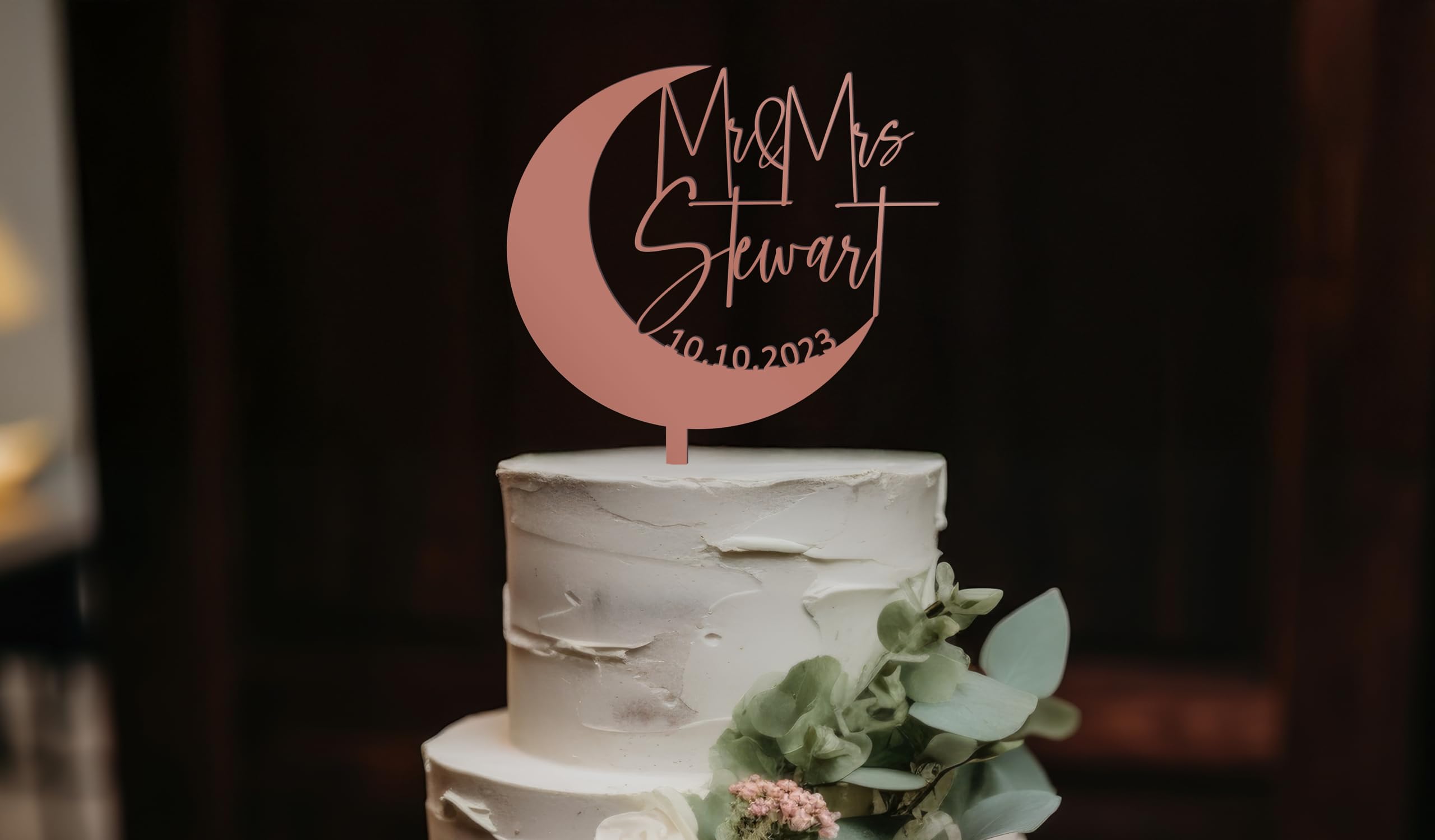 Custom Crescent Moon Wedding Cake Topper - Personalized Celestial Cake Decor with Names & Date - Elegant Country Wedding Cake Topper for Rustic, Boho & Celestial Themed Weddings