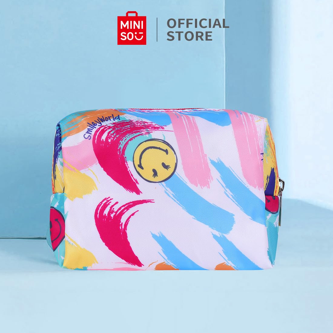 MINISO SmileyWorld Travel Makeup Pouch for Women & Girls - Waterproof Cosmetic Organizer Bag, Small Toiletry Bag for Travel Accessories (15x7x10cm, Blue) - Perfect for Vacation, Gym & Daily Essentials Storage
