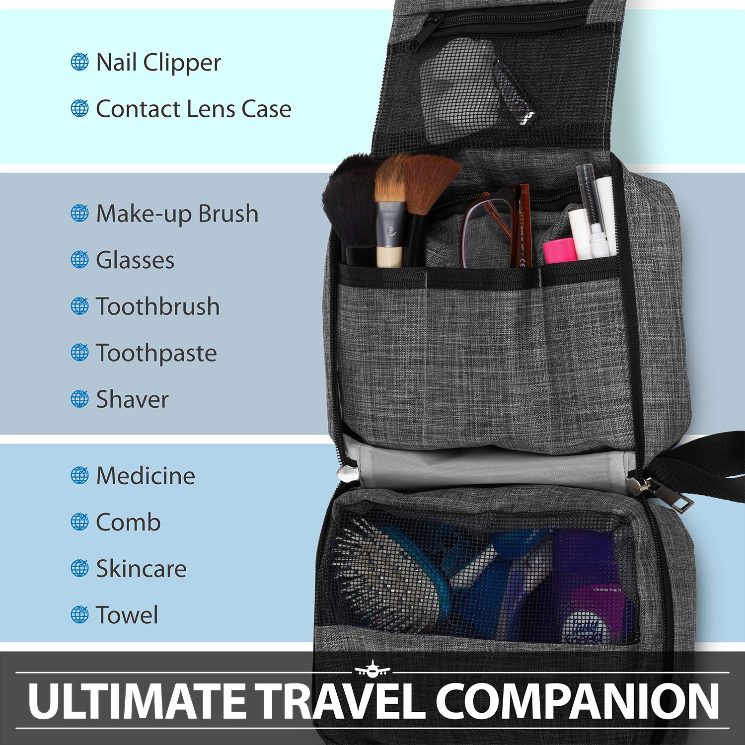 Fosmon Hanging Travel Toiletry Bag - Water-Resistant Cosmetic Organizer for Men & Women | Portable Shower, Bathroom & Shaving Kit | Perfect for Camping, Gym & Business Trips