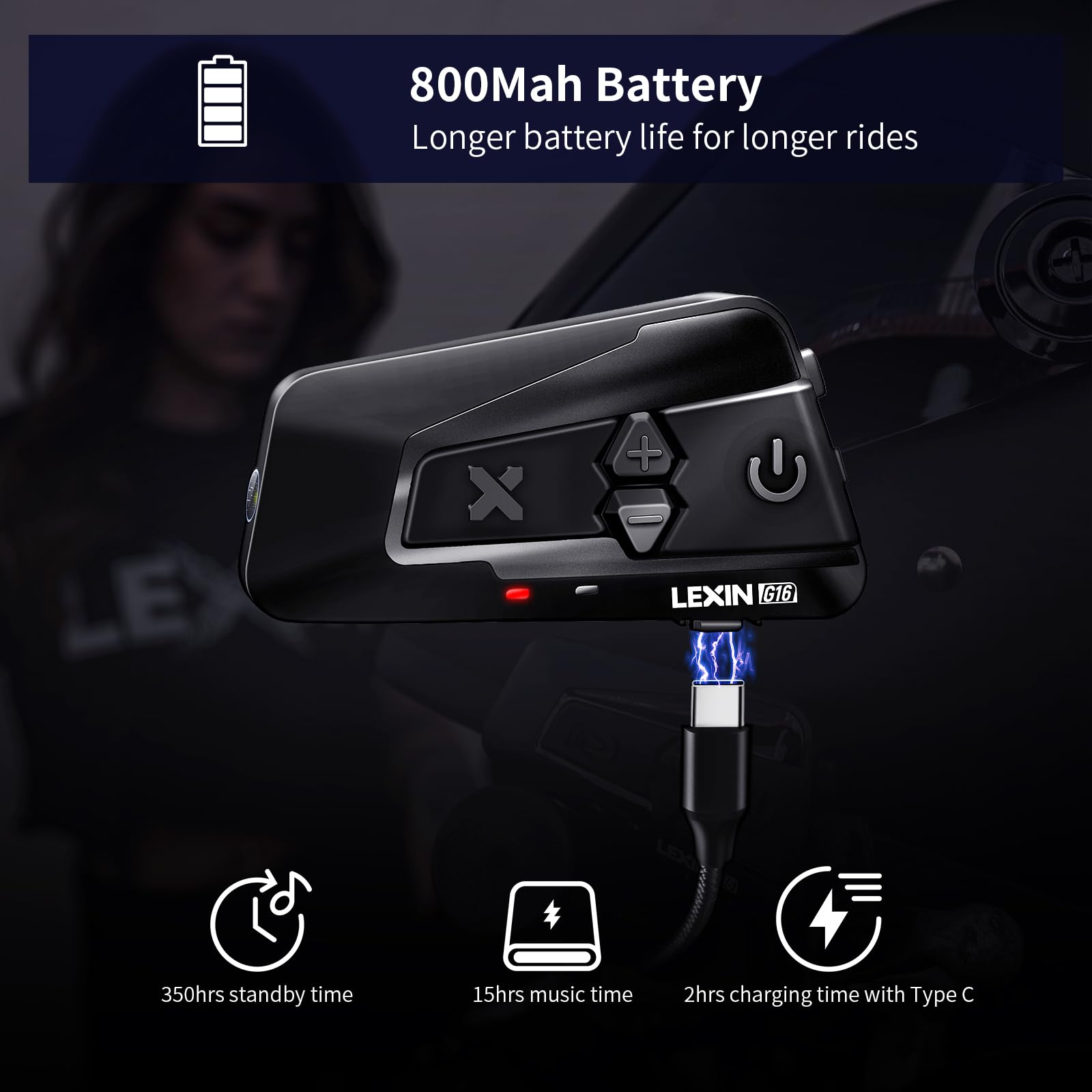 LEXIN G16 Motorcycle Bluetooth Headset with Headlamp & SOS Mode - 16 Rider 2000m Helmet Communication System, Music Sharing & Universal Pairing for Snowmobile/ATV (2 Pack) - Perfect for Group Rides, Off-Road Adventures & Emergency Situations