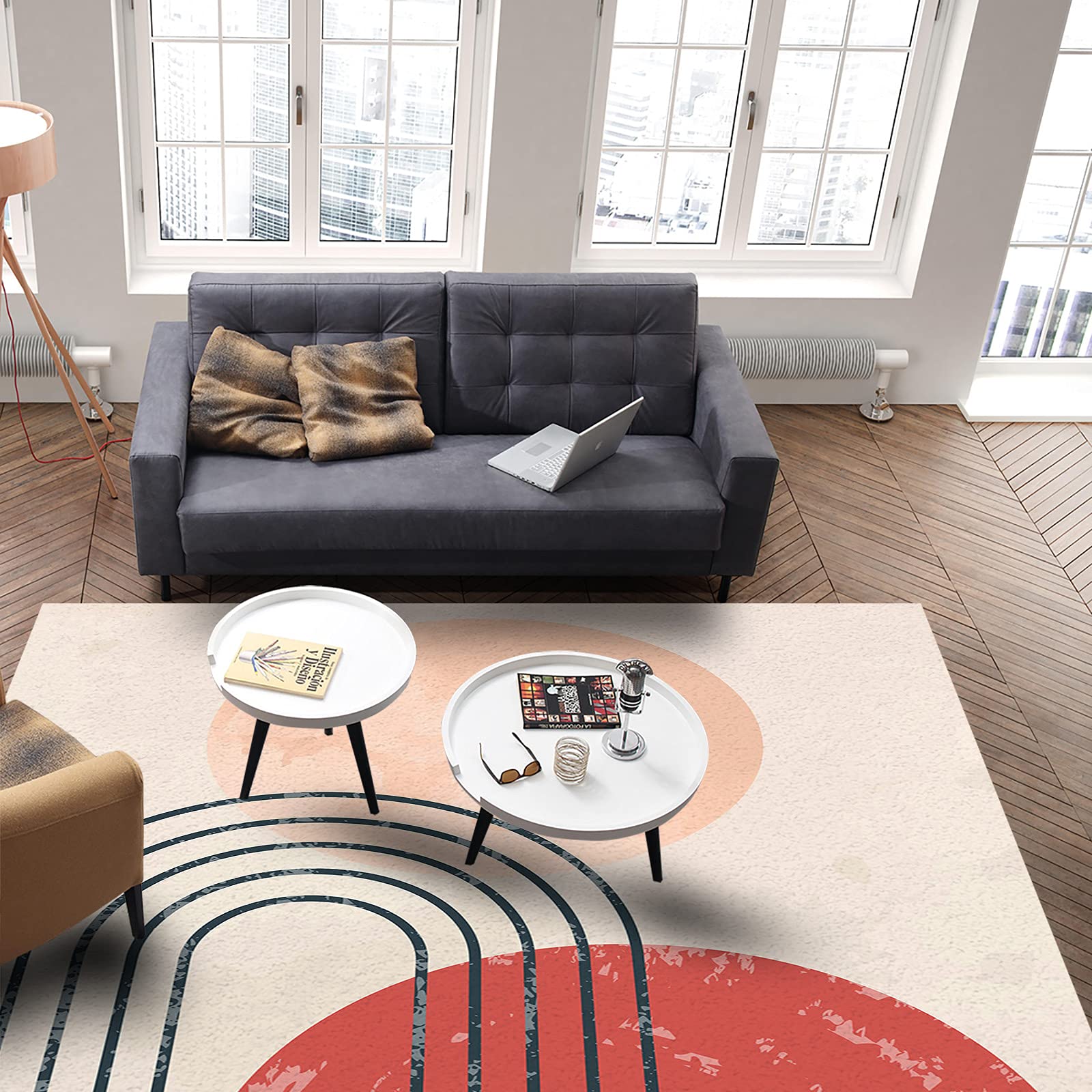 4'x6' Non-Shedding Boho Area Rug - Mid Century Abstract Art with Yellow Sun & Rainbow Design for Living Room, Bedroom, Kitchen & Bathroom Decor | Durable Indoor Outdoor Carpet Runner for Home & Apartment