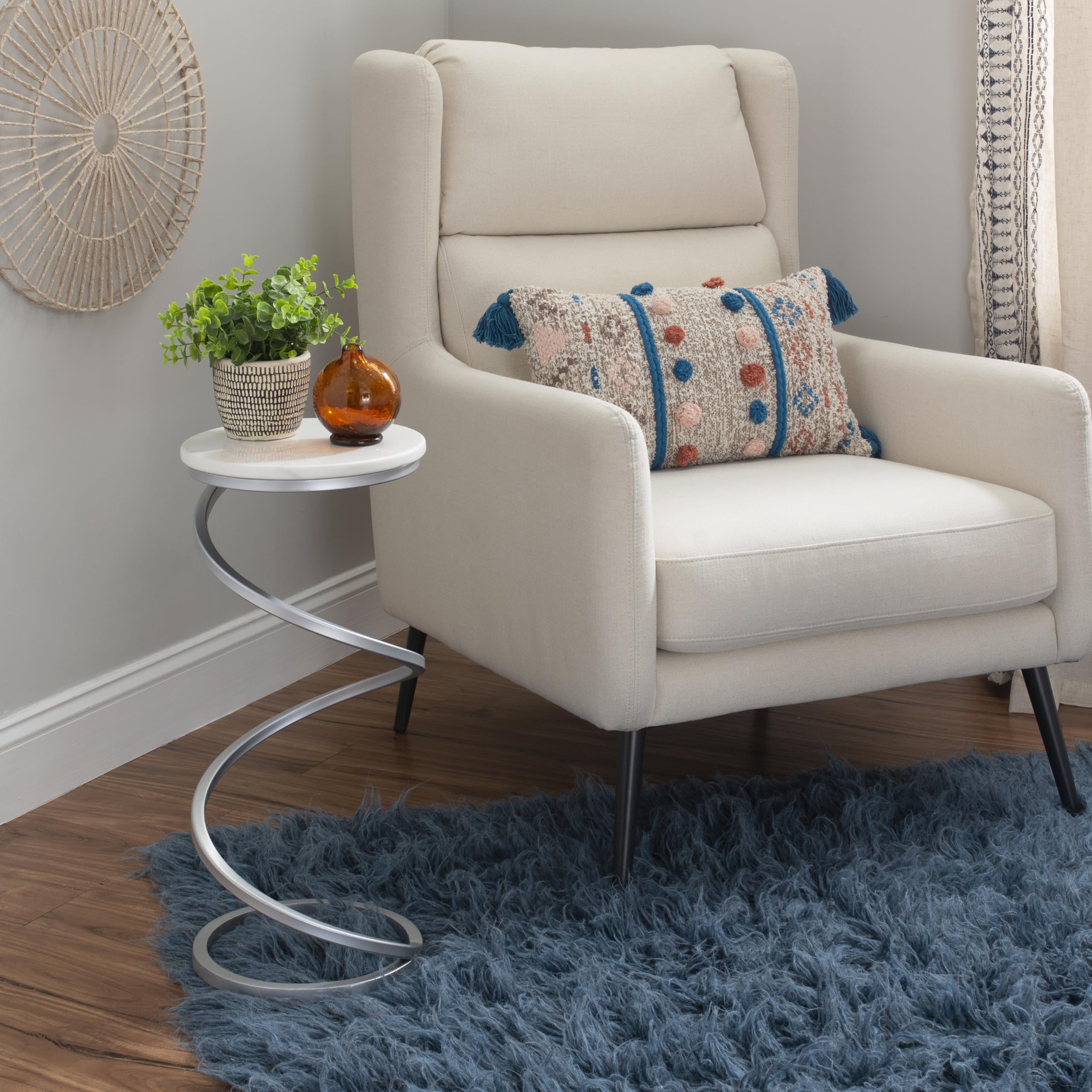 Powell Nora Table - Silver Spiral Metal Base with White Marble Top - Modern Drink Table for Living Room, Bedroom, or Office