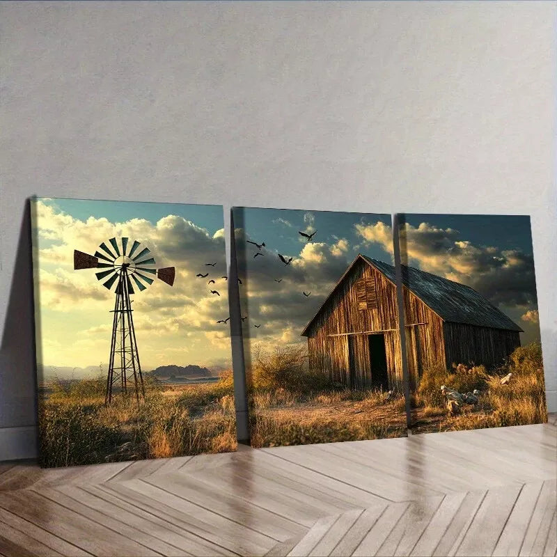 3-Piece Barns and Windmills Scenery Nature Wall Art Set - Framed Canvas 40x60cm - High Quality Print - 100% Australian Made - Ready to Hang - Perfect for Living Room, Bedroom, or Office Decor