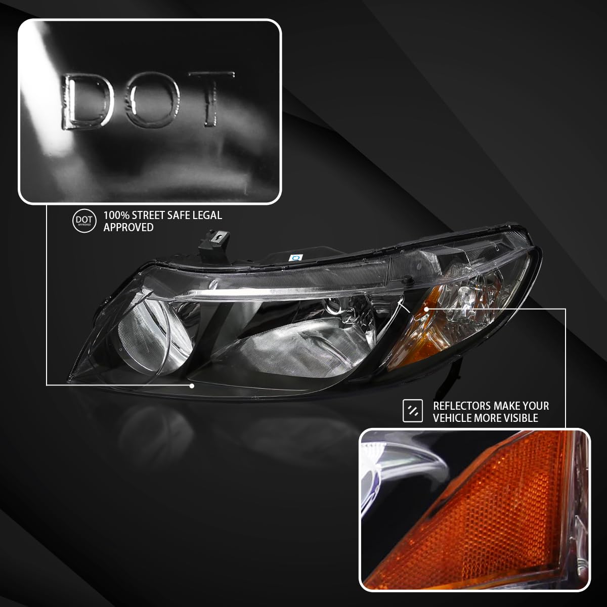 AUTOZENSATION Black Headlights Assembly - Compatible with 2006-2011 Honda Civic 4Dr Sedan (Left & Right Pair) | Durable Replacement Headlamps for Night Driving & Enhanced Visibility