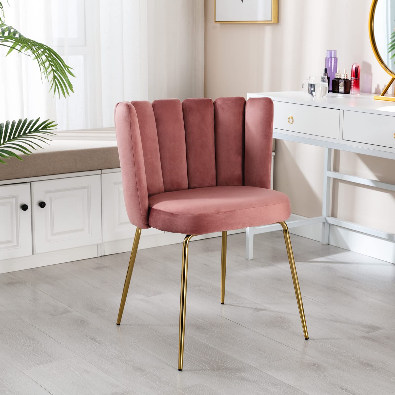 Luxury Velvet Dining Chairs Set of 2 - Modern Upholstered Accent Chairs with Curved Back & Gold Metal Legs for Living Room, Kitchen, Bedroom, Vanity | Comfy Pink Seating for Home Decor & Entertaining