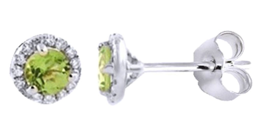 14K Solid Gold Round Cut Simulated Green Peridot with Natural Diamond Halo Stud Earrings - Elegant Jewelry for Weddings, Parties & Special Occasions