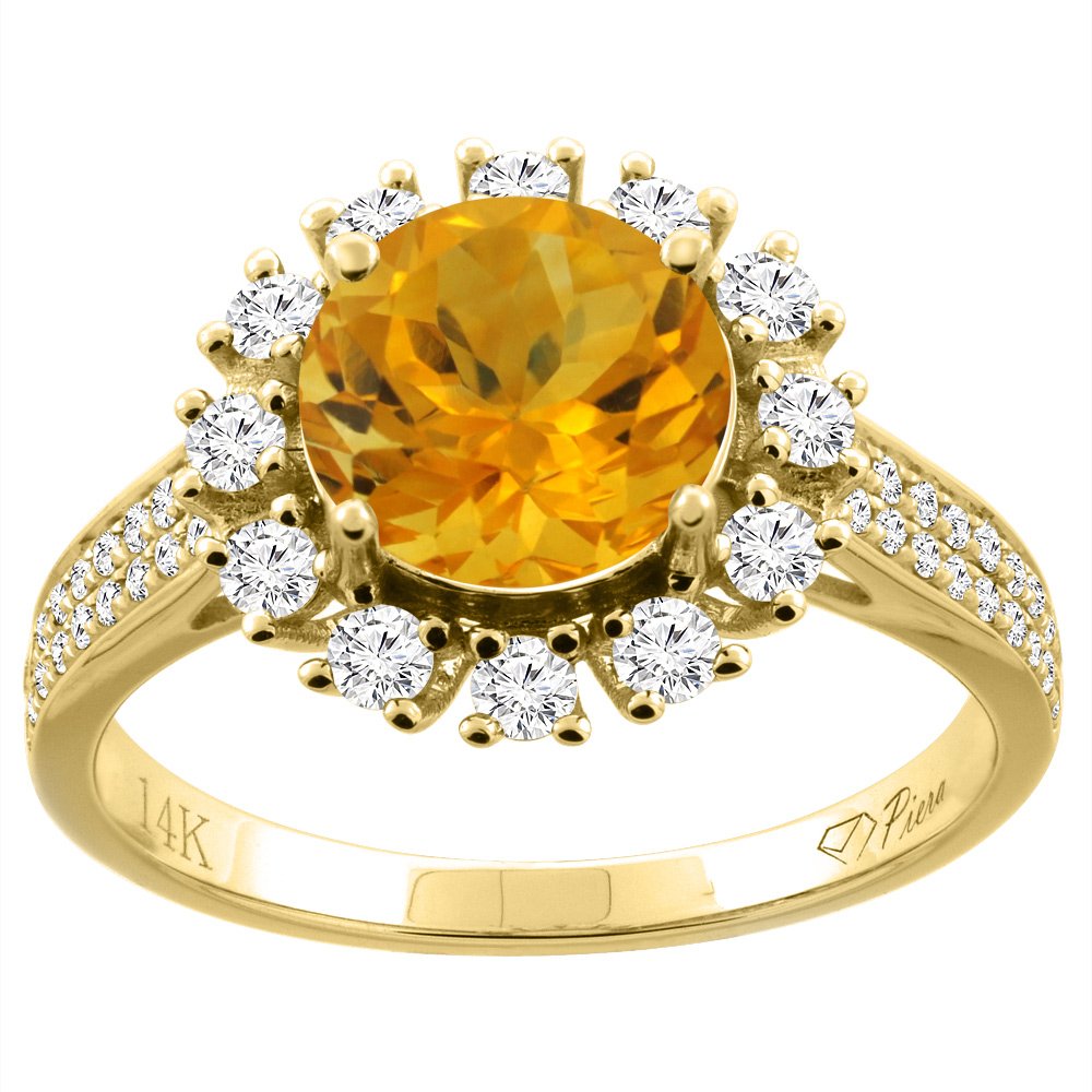 14K Gold Natural Citrine Ring with Round 8mm Diamond Accents - Size 5 to 10 - Elegant Jewelry for Women, Perfect for Weddings, Anniversaries & Special Occasions