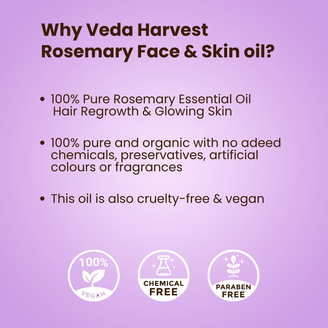 VEDAHARVEST Pure Rosemary Essential Oil 30ml - Natural Hair Growth Serum for Thicker Hair, Scalp Treatment for Hair Loss & Dandruff Control - Skin Care Essential Oil for Face & Body - Perfect for Daily Hair Care Routine & Aromatherapy