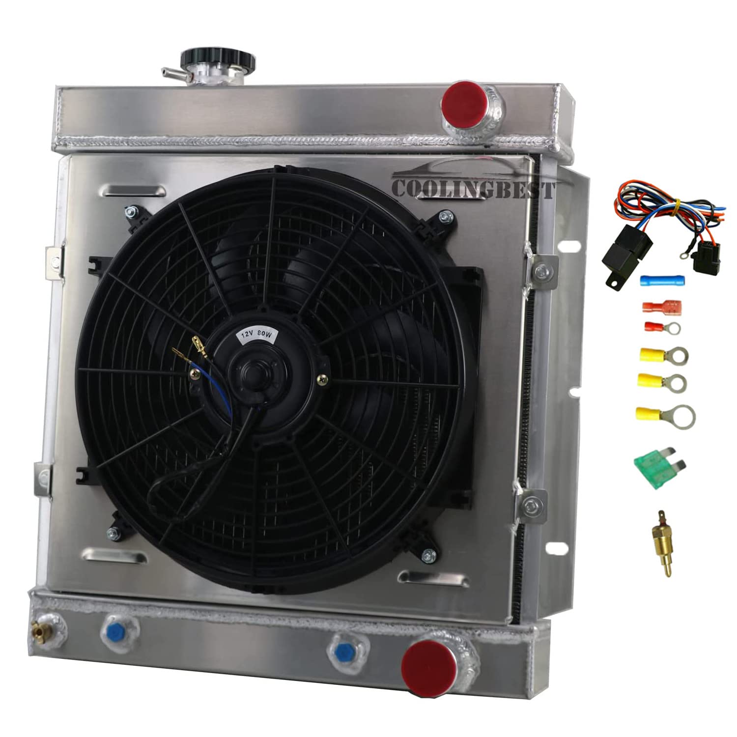 High-Performance 3-Row Aluminum Radiator for 1960-1966 Mercury Comet/Ford Falcon Ranchero/Mustang 260 289 V8 (AT/MT) - Includes Shroud, Fan & Relay - Perfect for Classic Car Restoration & Hot Rod Upgrades