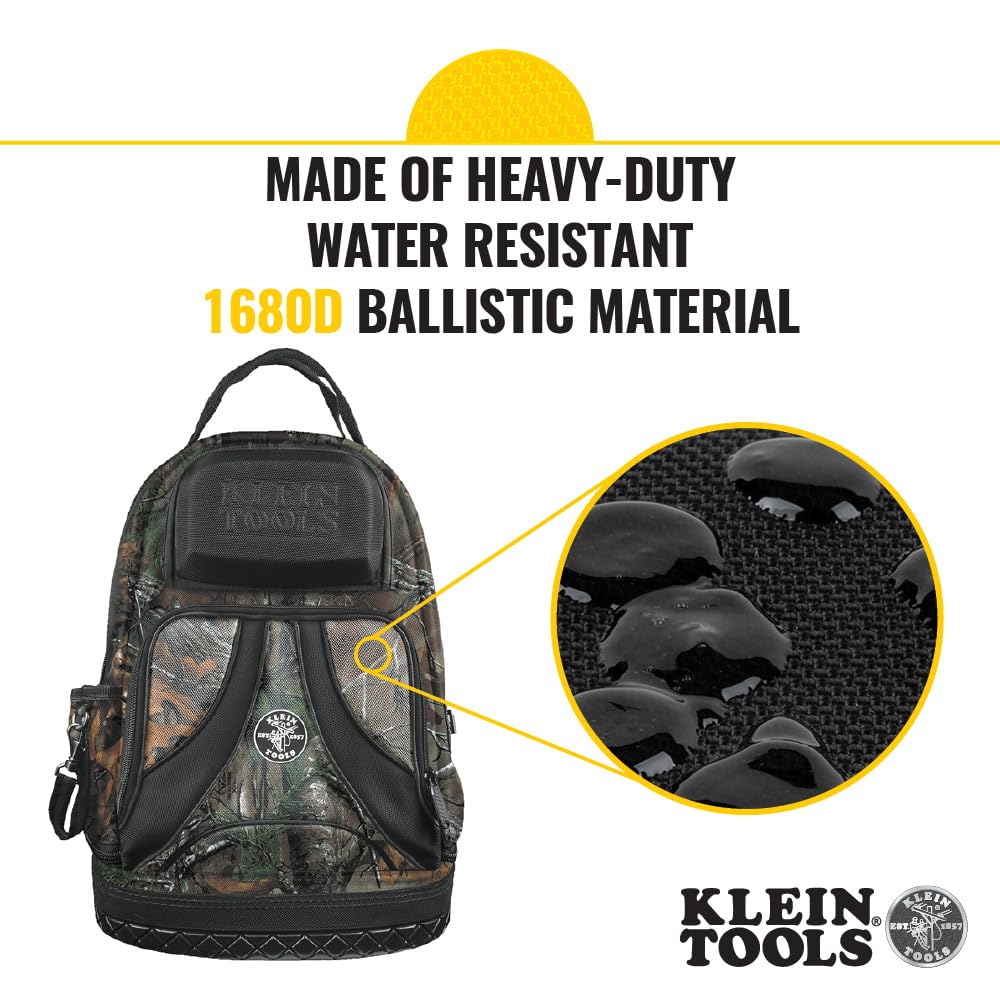 Klein Tools 55421BP14CAMO Heavy Duty Tradesman Pro Tool Backpack with 39 Pockets & Molded Base - Camouflage Design Tool Organizer for Electricians, Contractors & DIY Projects - Perfect for Construction Sites, Home Repairs & Professional Work