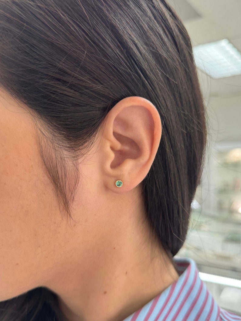 0.50tcw 14K Natural Lush Medium Green Round Cut Bezel Set 3.70mm Gold Baby Emerald Stud Earrings for Women - Perfect for Everyday Wear, Gift Giving & Special Occasions