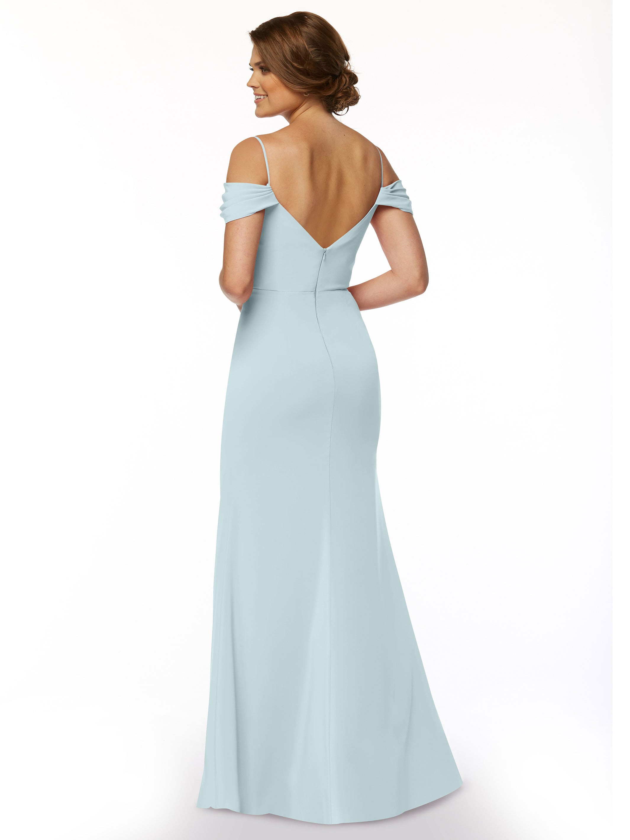 Elegant 83029 Stretch Chiffon Off-Shoulder Bridesmaid Dress with Thigh High Slit - Perfect for Weddings, Parties & Formal Events