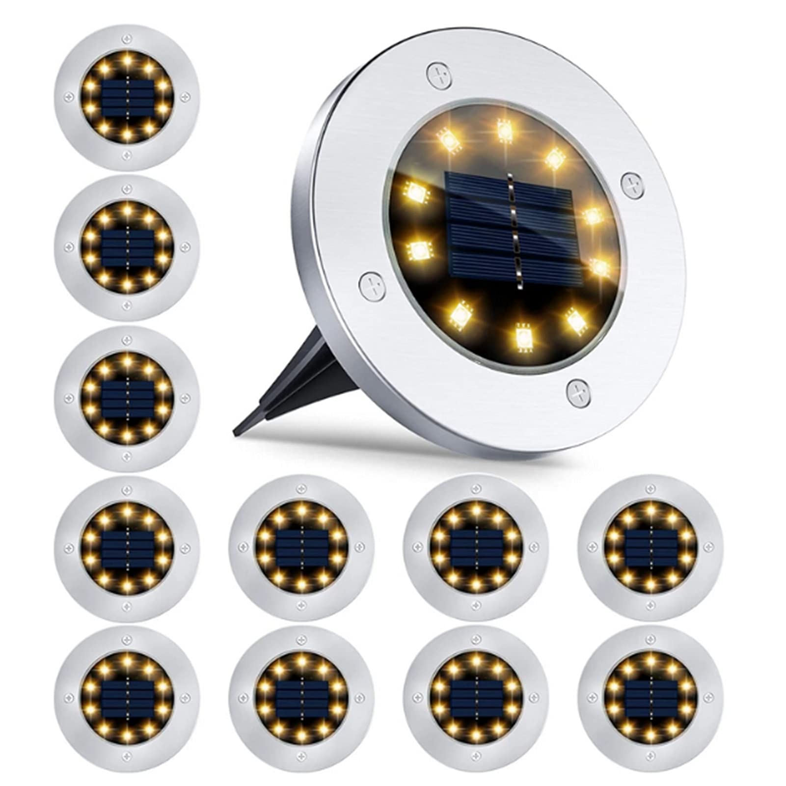 12 Pack LED Solar Ground Lights - Stainless Steel Waterproof Garden Lights with 10 LEDs - Perfect for Lawn, Patio, Pathway, Yard & Deck Lighting | Outdoor Solar Landscape Lighting for Gardens, Walkways & Driveways