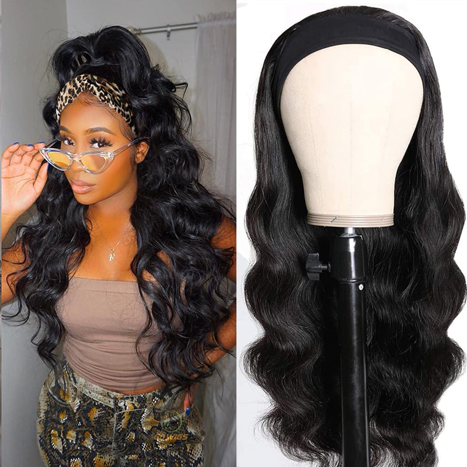 26 Inch Long Black Curly Synthetic Headband Wig for Women - 180% Density Glueless Half Wig with Body Wave - Perfect for Daily Wear, Cosplay & Protective Styling