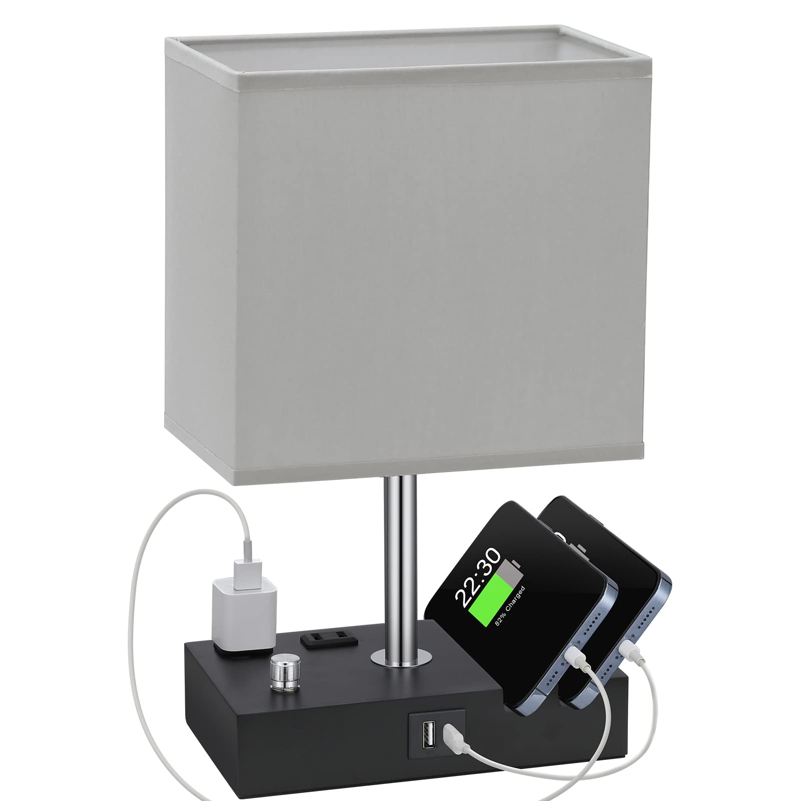 Dimmable Grey Table Lamp with Dual USB Ports & Phone Stand - Bedside & Desk Lamp for Bedroom, Living Room, Nightstand - Includes LED Bulb | Perfect for Reading, Charging Devices & Ambient Lighting