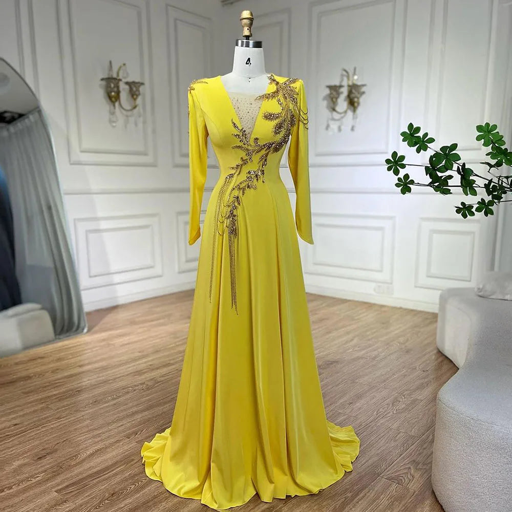Luxury Dubai Arabic Yellow Mermaid Evening Dress with Elegant Tassel Beading for Women - Perfect for Weddings, Parties & Special Occasions - Serene Hill Collection LA72555