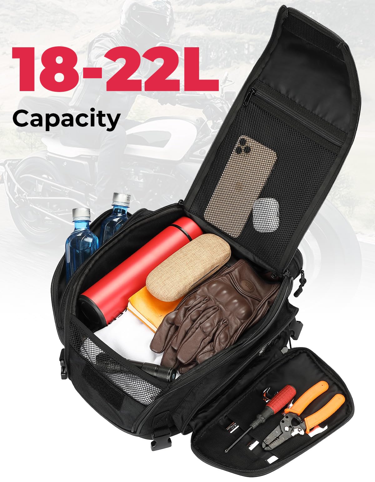 KEMIMOTO 18-22L Expandable Waterproof Motorcycle Tail Bag - Sissy Bar Luggage Seat Travel Rear Rack Bag for Harley Sportster, Softail, Dyna, Touring & Honda Shadow, Kawasaki Vulcan - Perfect for Long Rides, Commuting & Adventure Touring