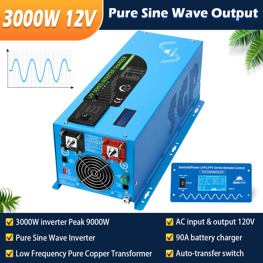 SunGoldPower Off Grid Solar Kit 3000W Inverter with LiFePO4 Battery - 600W Solar Panel, 12V DC to 120V AC Output for Home Backup Power (Ideal for RV, Cabin, Emergency Power Outages)