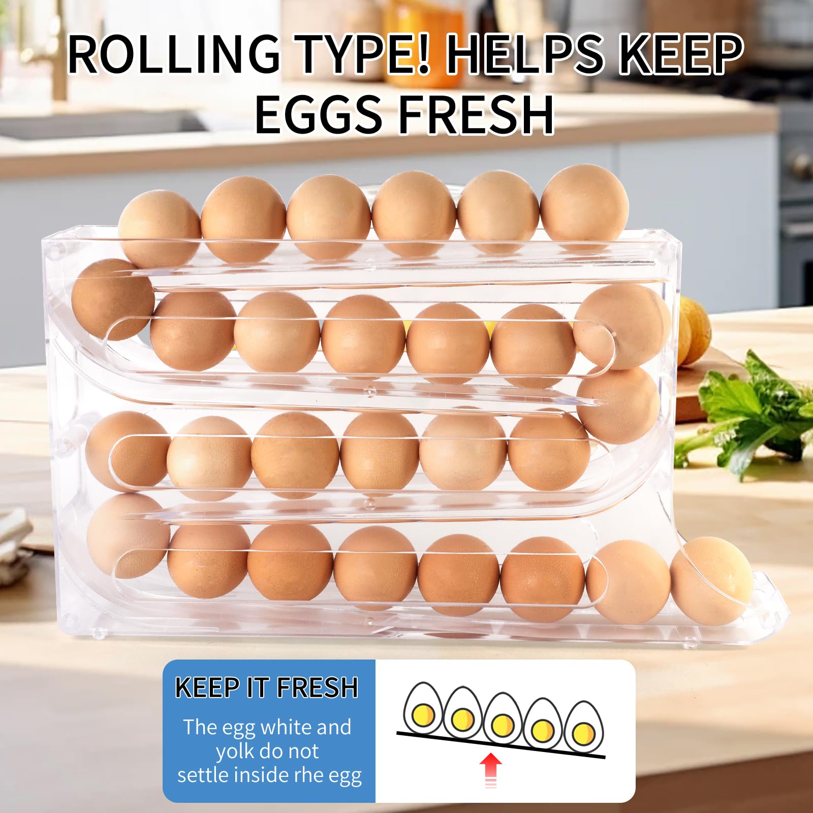 4-Tier Large Capacity Refrigerator Egg Holder - Auto Rolling Egg Dispenser, Clear Fridge Egg Organizer & Storage Rack - Perfect for Kitchen Organization, Breakfast Meal Prep & Farm Fresh Egg Storage