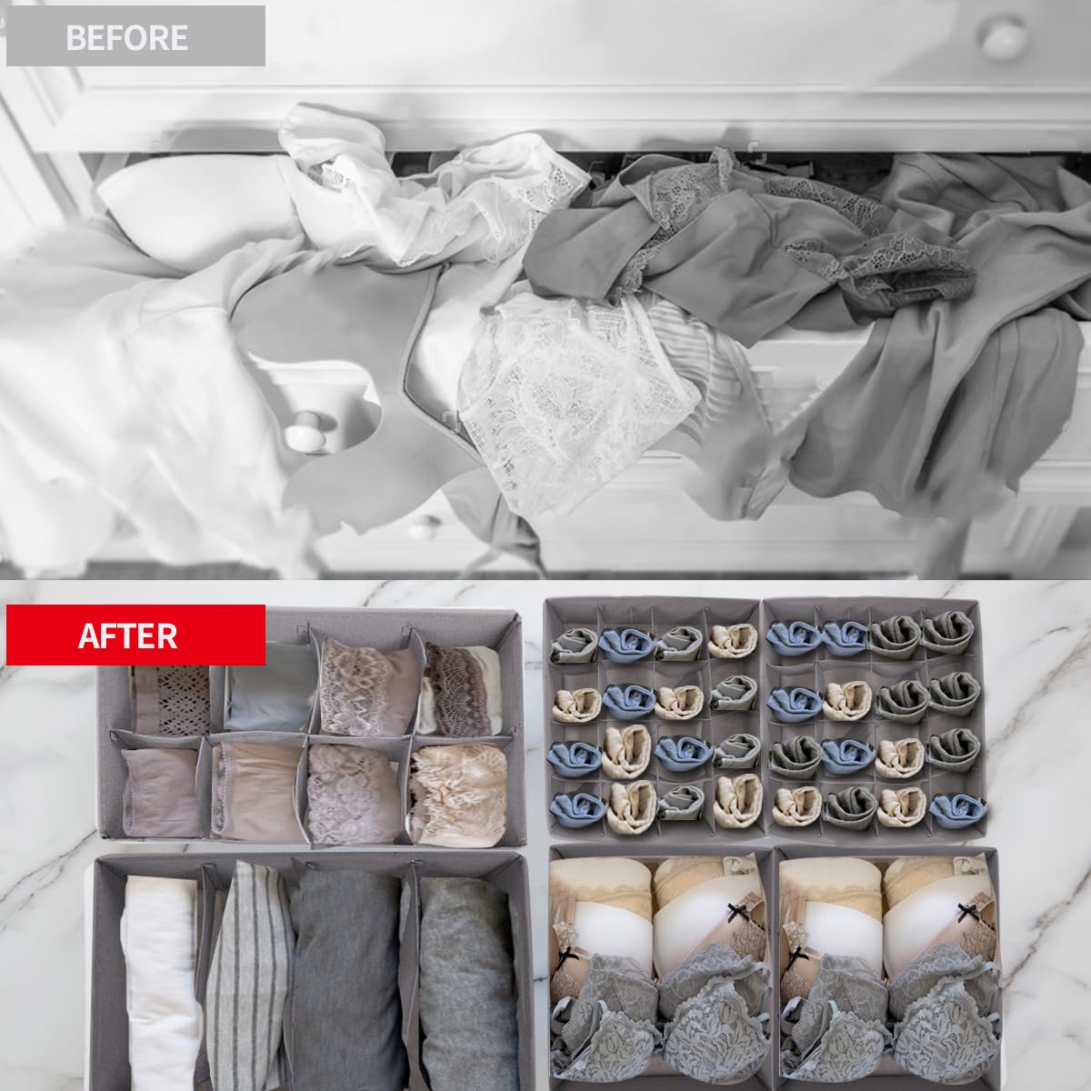 5-Pack Foldable Fabric Underwear & Sock Drawer Organizers - Storage Bins for Underwear, Socks, Bras & Ties - Perfect for Closet, Dresser & Travel Organization