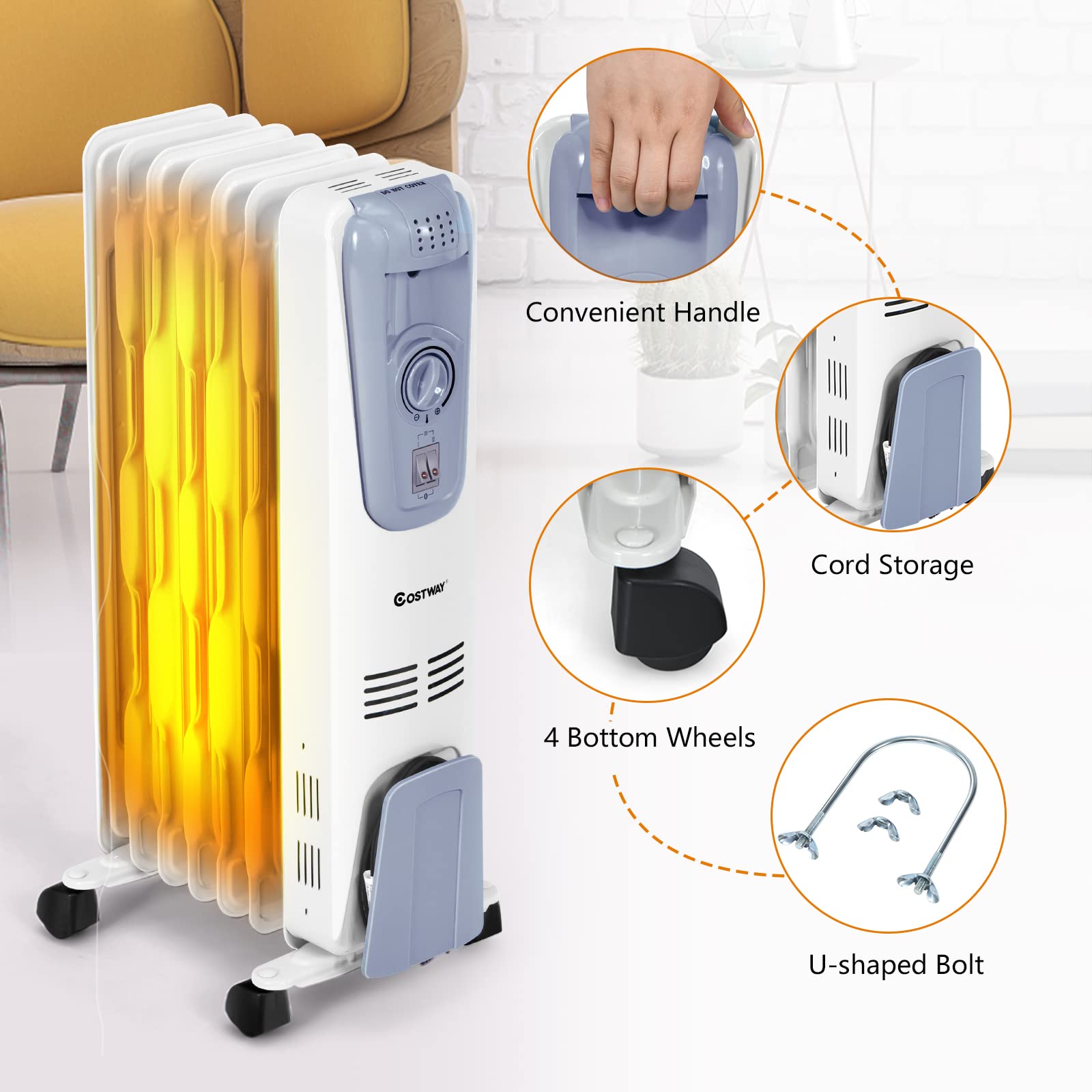 COSTWAY 1500W Oil Filled Radiator Heater - Portable Electric Space Heater with Adjustable Thermostat, 3 Heat Settings, Overheat & Tip-Over Protection - Perfect for Bedroom, Office & Indoor Use (25