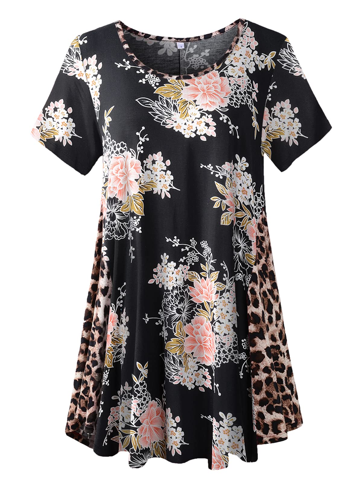 LARACE Women's Leopard Print Short Sleeve Tunic Top - Plus Size Summer Swing Tee with Color Block Design | Casual Wear, Vacation Outfit & Everyday Fashion