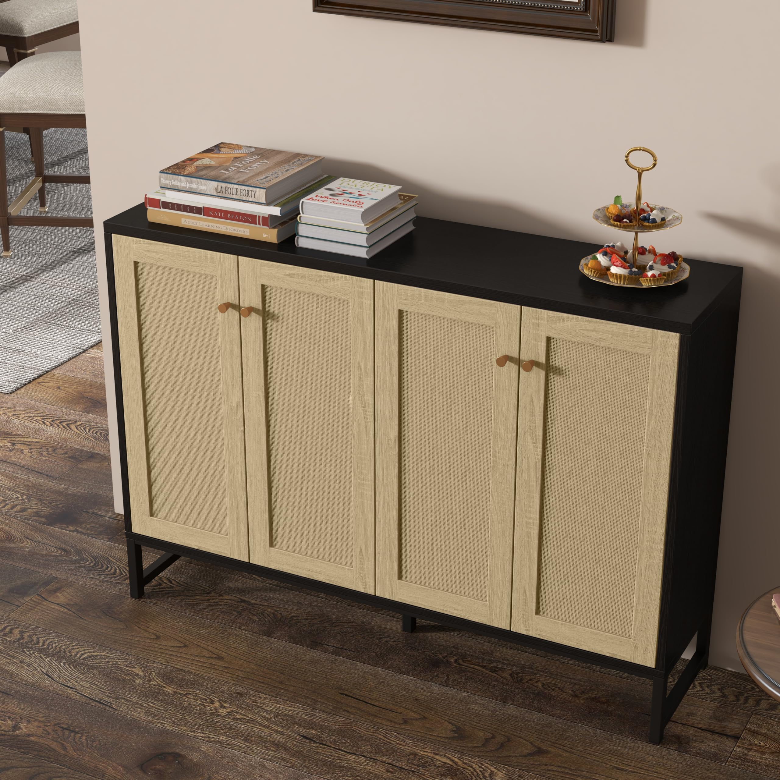 Panana 4-Door Sideboard Accent Cabinet with Rattan Decor - Freestanding Kitchen Buffet Storage for Dining Room & Living Room | Black Modern Cupboard for Home Organization & Display