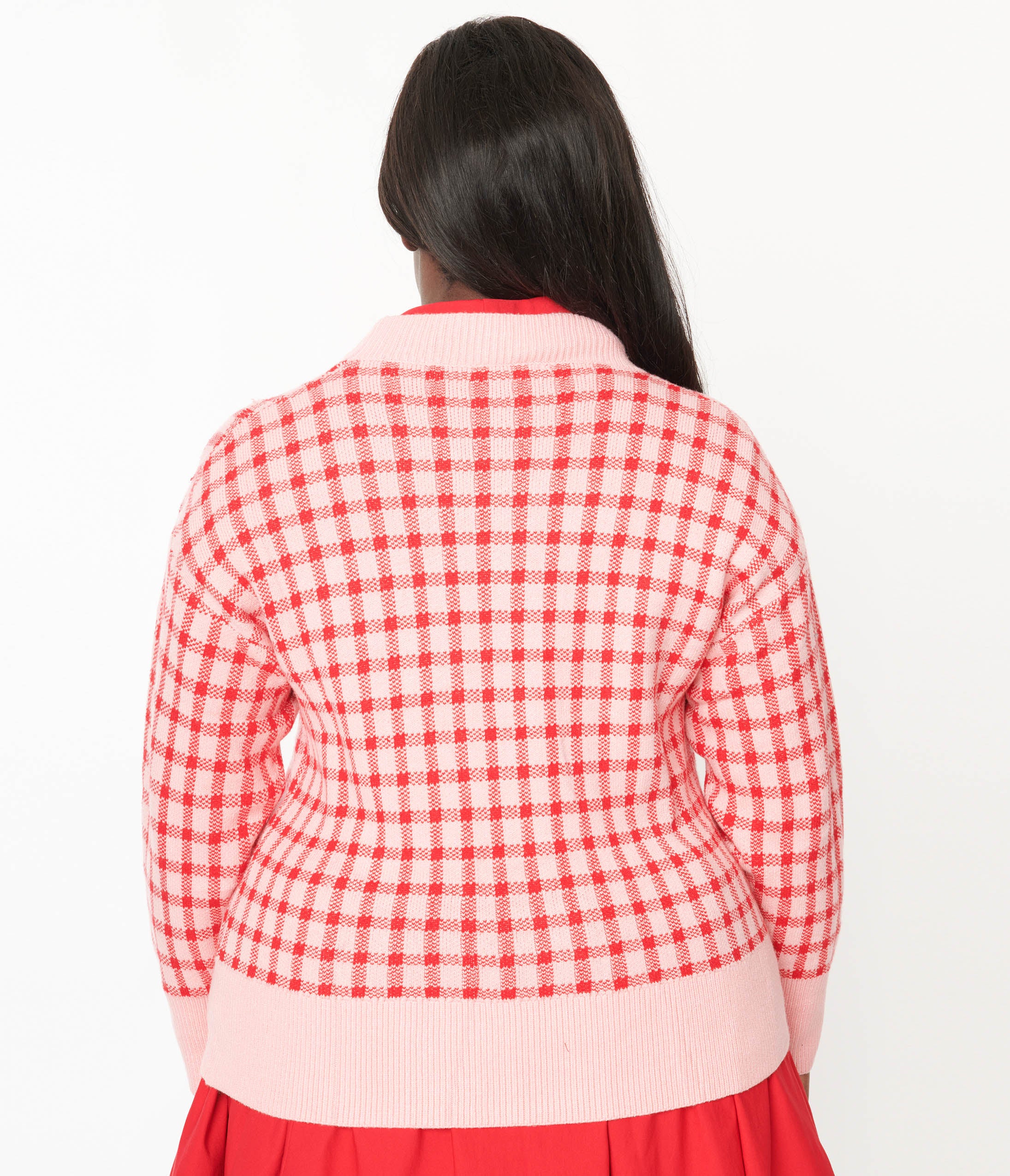 Stylish Pink and Red Checkered Cardigan for Women - Cozy Knit Sweater for Fall & Winter Fashion - Perfect for Casual Outfits, Office Wear, and Date Nights