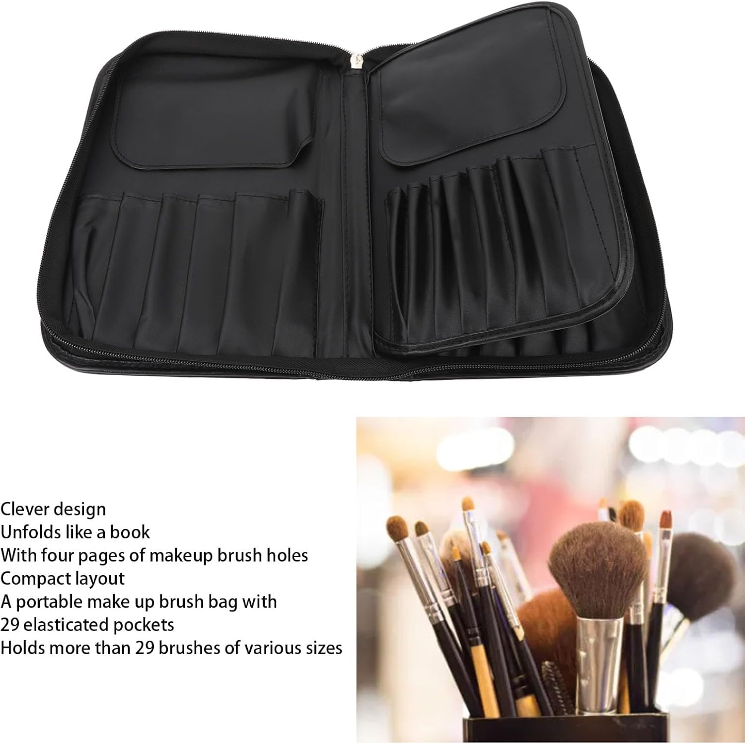 Professional Makeup Brush Holder Bag - COSLUXE BEILI Leather Cosmetic Organizer for Travel, Black Portable Makeup Artist Case | Perfect for On-the-Go Makeup Application & Brush Storage