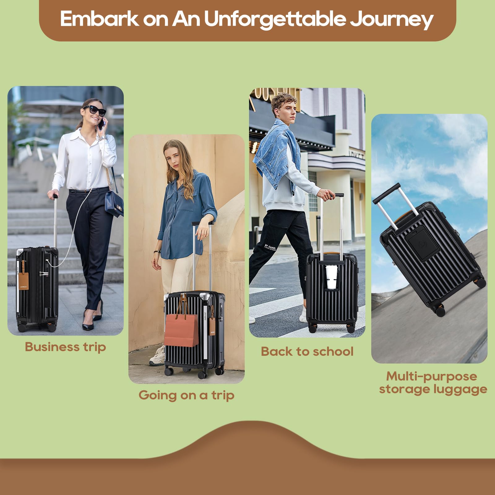 Joyway 20in Expandable Carry On Luggage with USB Charging Port & Cup Holder, Anti-Slip Spinner Wheels, 3-Piece Suitcase Set for Men & Women (Black) - Perfect for Business Travel, Weekend Getaways & Airplane Carry-On