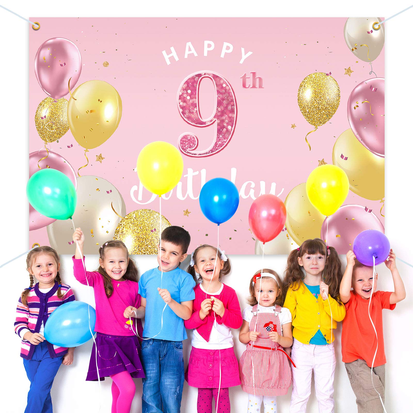 Happy 9th Birthday Backdrop Banner - Pink 3.9x5.9ft Party Decorations for Girls - Perfect for Birthday Celebrations, Photo Booths & Indoor Events