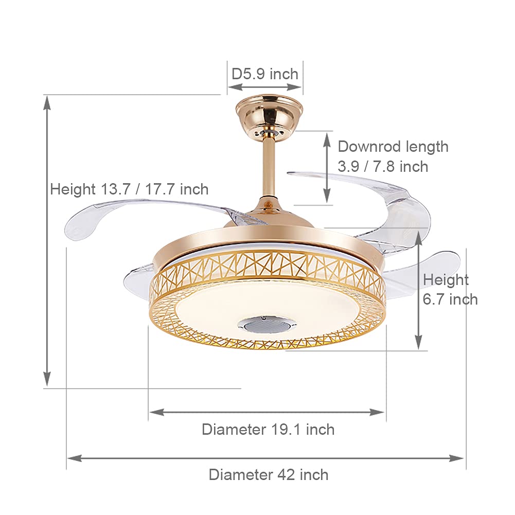 42 Inch Gold LED Ceiling Fan with Light and Remote - 3-Speed Retractable Blades, Bluetooth Music Control - Perfect for Bedroom, Living Room, Restaurant, and Hall Decor