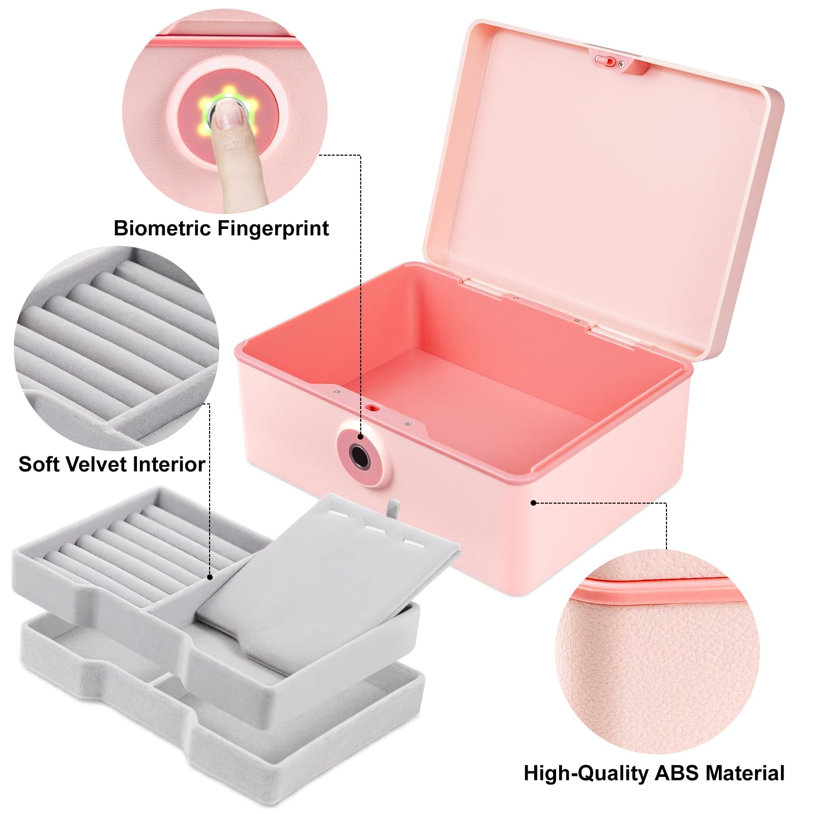 3-Layer Fingerprint Safe Storage Box - Large Capacity Portable Jewelry Organizer with Security Lock for Women & Girls - Ideal for Home, Office, School, Travel & Gifts (Pink, 2 Trays) - Perfect for Storing Cash, Valuables & Personal Items Securely