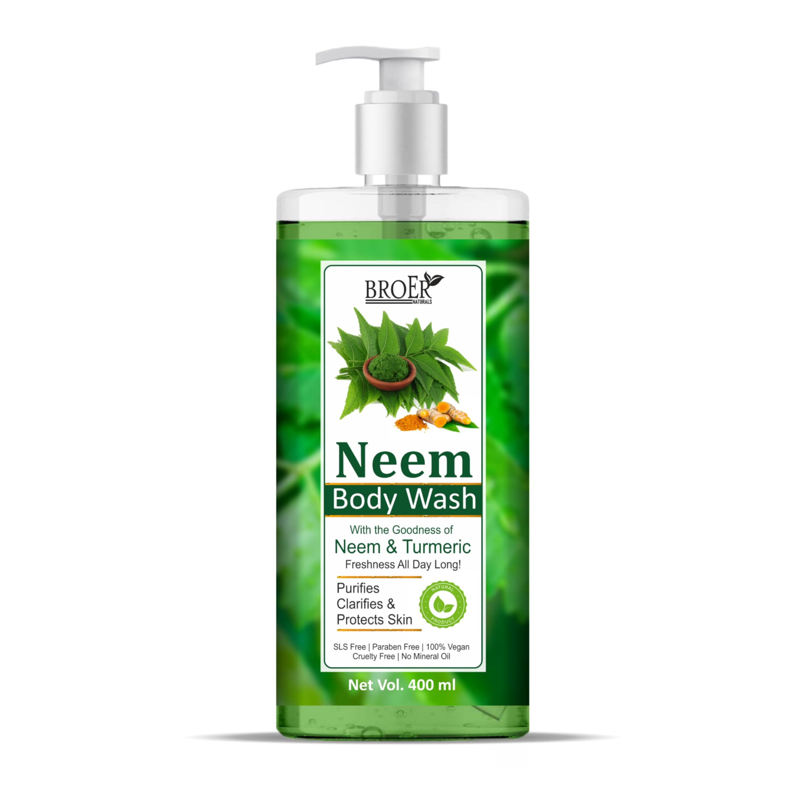 BROER Neem Body Wash Shower Gel - 400ML Luxury Natural Body Wash with Neem, Vitamin E, Aloe Vera & Turmeric | Paraben & SLS Free | Hydrating & Soothing for Dry Skin | Perfect for Daily Shower & Spa Day at Home